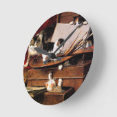 Horloge Ronde Mère Chat et chatons sur table (Angle)