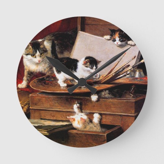 Horloge Ronde Mère Chat et chatons sur table (Recto)