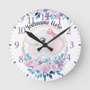 Horloge Ronde Mère et bébé Eléphant rose Fleur Flush Wreath