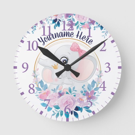 Horloge Ronde Mère et bébé Eléphant rose Fleur Flush Wreath (Recto)