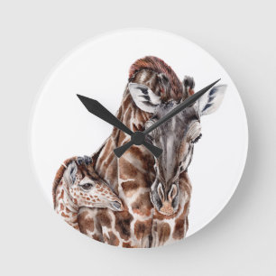 Horloge Ronde Mère Giraffe avec Bébé Giraffe