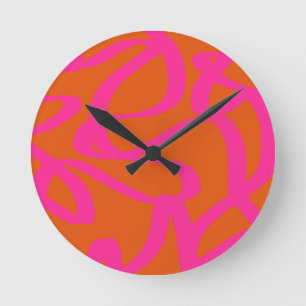 Horloge Ronde Mi-Siècle Abstrait Moderne Lignes Orange Et Rose