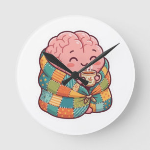 Horloge Ronde Mignon Cerveau Confortable Buvant du Café Santé Me