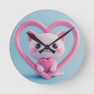 Horloge Ronde Mignon Chat Blanc avec Design Kawaii Kitty Love