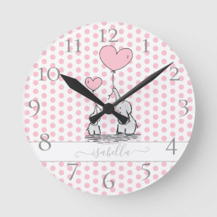 Horloge Ronde Mignon Éléphant Bébé et Maman Rose à Points Pastel