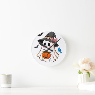 Horloge Ronde Mignon fantôme Halloween Kawaii dans un chapeau de