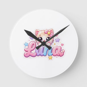Horloge Ronde Mignon Kawaii Luna Nom de Chat Pastel Rose Étincel