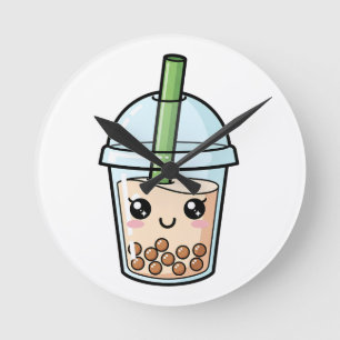 Horloge Ronde Mignon Kawaii Sourire Thé aux Perles
