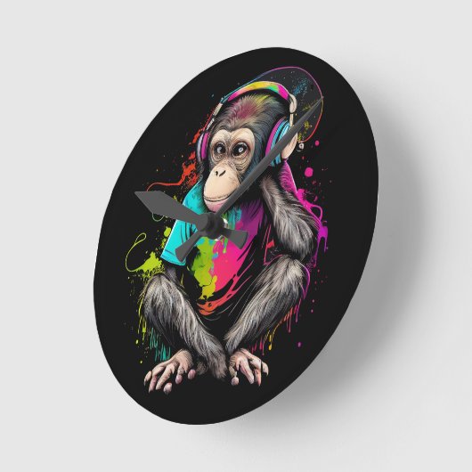 Horloge Ronde Mignons Singe Écouter Musique, Musique Singe Obséd (Angle)