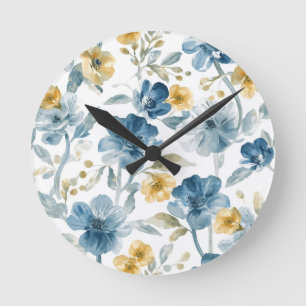 Horloge Ronde Modèle botanique de fleurs de jardin bleues jaunes