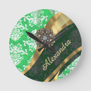 Horloge Ronde Modèle vert personnalisé joli poumon damassé
