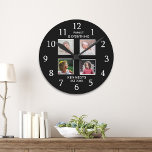 Horloge Ronde Modern 4 Photo Collage Family Name Quote Black<br><div class="desc">Create your own photo collage wall clock with 4 of your favorite pictures. The photo clock helps you treasure your special moments and also makes a thoughtful gift for parents, grandparents and friends. The personalized wall clock with photos makes it a perfect gift for all occasions. Personalize with family name...</div>