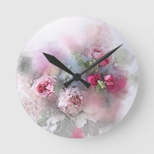 Horloge Ronde Moderne Aquarelle Rose Fleurs Floral Élégant