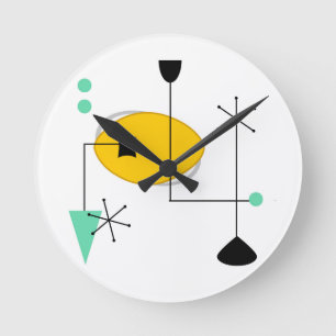 Horloge Ronde moderne bleu jaune simple rétro du milieu du siècl