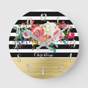 Horloge Ronde Moderne Floral Aquarelle Gras Et Rayures