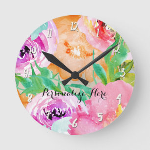 Horloge Ronde Moderne Florale Aquarelle Printanière Colorée Lumi