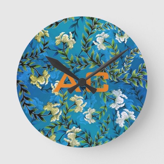 Horloge Ronde Moderne Monogramme Bleu Floral Chic (Recto)