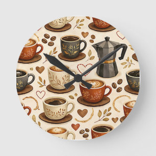 Horloge Ronde Moment Cozy Café - Motif Sans Couture Esthétique C