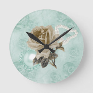 Horloge Ronde Monnaie Vert ivoire Roses perles coeur rondMurHorl