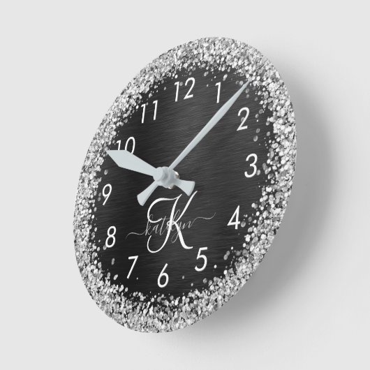 Horloge Ronde Monogramme à étincelle noire à Parties scintillant (Angle)