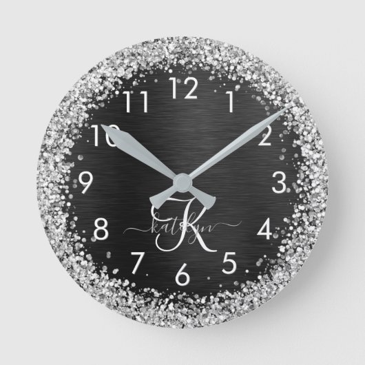 Horloge Ronde Monogramme à étincelle noire à Parties scintillant (Recto)