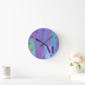 Horloge Ronde Monogramme Abstrait bleu violet blanc vert (Maison)