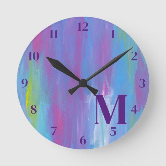 Horloge Ronde Monogramme Abstrait bleu violet blanc vert (Recto)