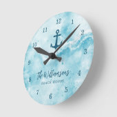 Horloge Ronde Monogramme Côte Turquoise Blue Beach House (Angle)