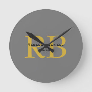 Horloge Ronde Monogramme couleur or gris moderne Ajouter un nom 