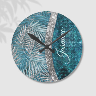 Horloge Ronde Monogramme de feuilles pailletées turquoise argent
