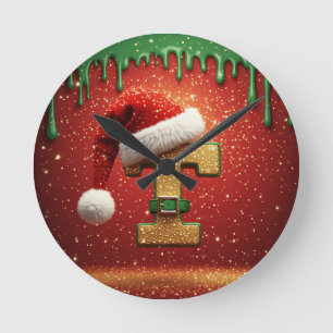 Horloge Ronde Monogramme de Noël personnalisé T avec chapeau de