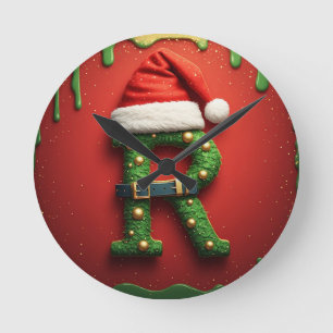 Horloge Ronde Monogramme de Noël R avec chapeau de Père Noël – C