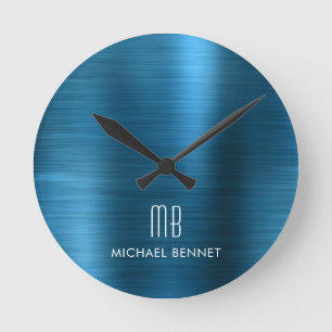Horloge Ronde Monogramme Élégant Métal Brossé Bleu