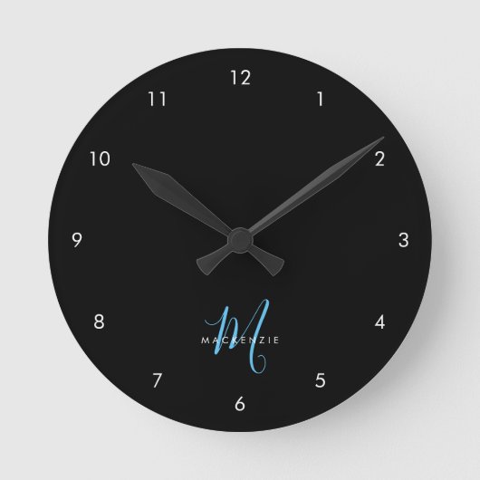Horloge Ronde Monogramme élégant moderne noir bleu ciel écriture (Recto)