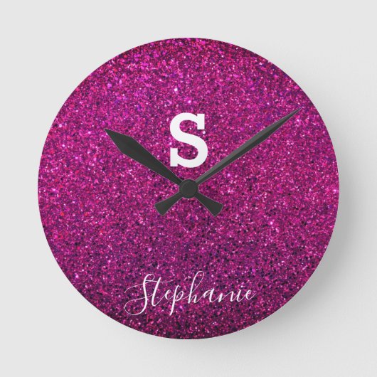 Horloge Ronde Monogramme Initiale Nom Violet Rose Pailleté Moder (Recto)