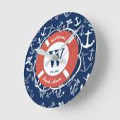 Horloge Ronde Monogramme marine Ancre bleue Maison de plage (Angle)