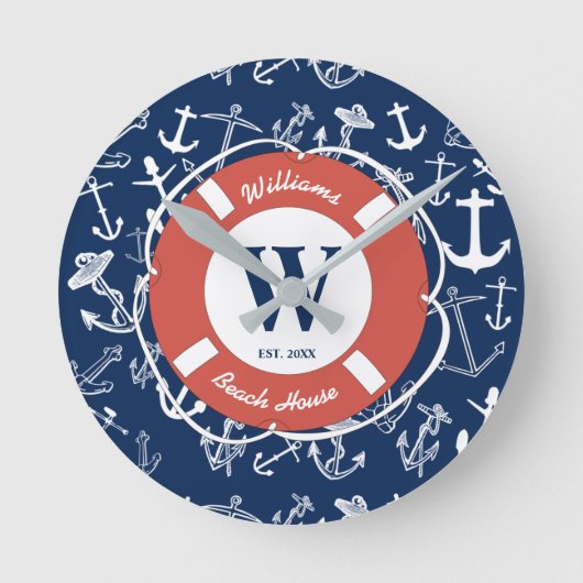 Horloge Ronde Monogramme marine Ancre bleue Maison de plage (Recto)