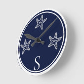 Horloge Ronde Monogramme Marine Bleue Bleu Starfish Plage (Angle)