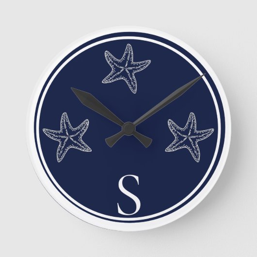 Horloge Ronde Monogramme Marine Bleue Bleu Starfish Plage (Recto)
