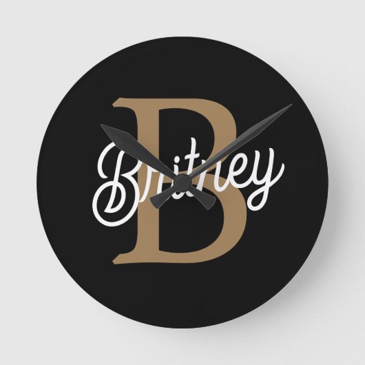Horloge Ronde Monogramme moderne élégant Nom Black Gold Script (Recto)