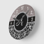 Horloge Ronde Monogramme noir léopard argent parties scintillant (Angle)