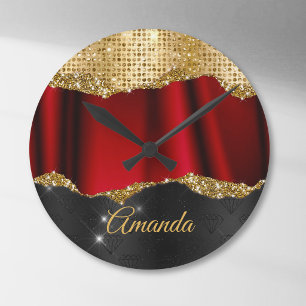 Horloge Ronde Monogramme noir or rouge pailleté faux élégant