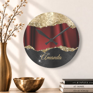 Horloge Ronde Monogramme noir or rouge pailleté faux élégant
