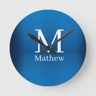 Horloge Ronde monogramme nom homme abstrait métallisé bleu brill