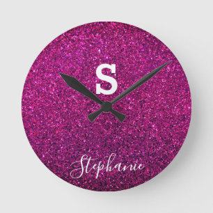 Horloge Ronde Monogramme Nom initial Purple rose Parties scintil