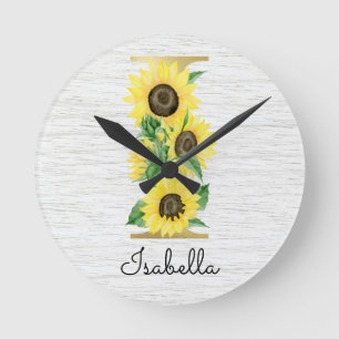 Horloge Ronde Monogramme Or Tournesol Féminin Floral Initiale I