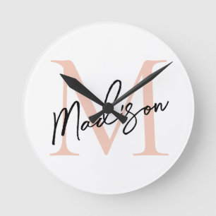 Horloge Ronde Monogramme Personnalisé Or Rose Élégant Moderne