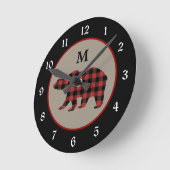 Horloge Ronde Monogramme rouge d'ours de plaid de Buffalo noir (Angle)
