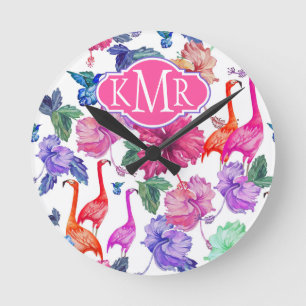 Horloge Ronde Monogramme tropical du motif   d'aquarelle