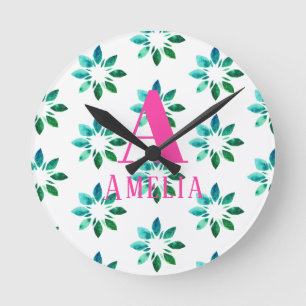 Horloge Ronde Monogramme Vert rose chaud Rétro Aquarelle Florale